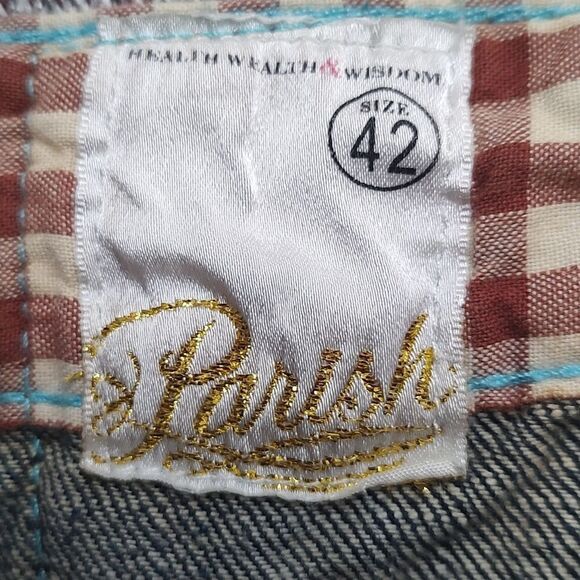 Parish button fly Health Wealth Wisdom distressed jeans  Sz 42  NWOT - Picture 13 of 14